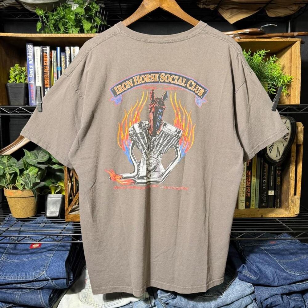 Vintage Y2K Iron Horse Social Club Biker Tee Faded Gray Orange Flaming Shirt XL